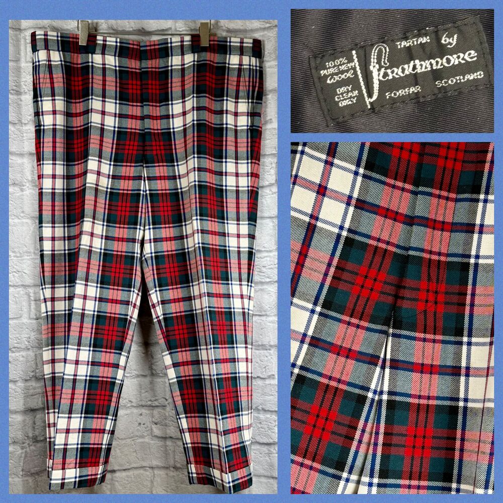 Strathmore Plaid Tartan Pants Scottish Trews Mens 44x27 Cuffed Trousers Scotland